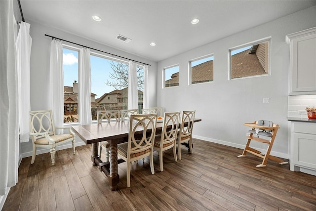 dining room with visible vents, baseboards, dark wood-style flooring, and recessed lighting