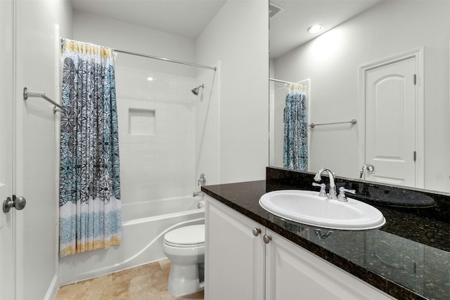 bathroom with toilet, visible vents, vanity, tile patterned floors, and shower / bath combo with shower curtain