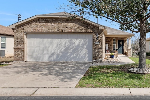 single story home featuring a garage, covered porch, brick siding, and central air condition unit