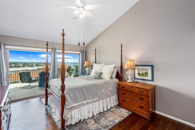 bedroom with hardwood / wood-style flooring, a ceiling fan, baseboards, vaulted ceiling, and access to exterior