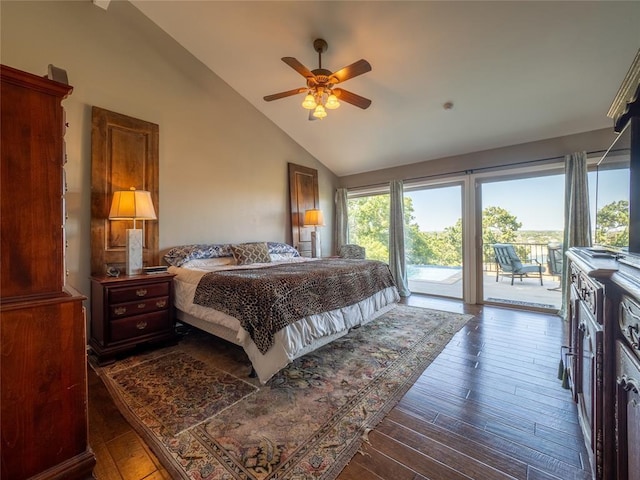 bedroom with hardwood / wood-style floors, multiple windows, a ceiling fan, and access to exterior