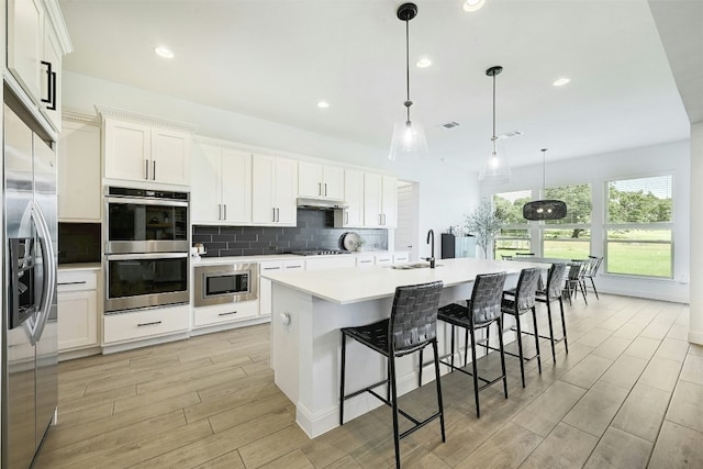 1635 Nature View Loop, Driftwood, TX 78619 - kitchen with a sink, appliances with stainless steel finishes, under cabinet range hood, light wood-style flooring, and backsplash