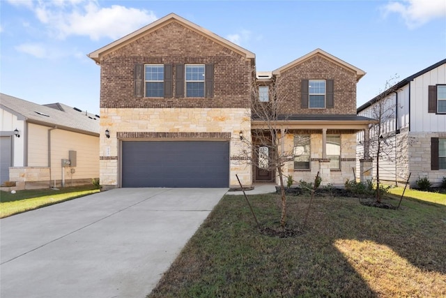 view of front of property with a garage, stone siding, concrete driveway, and brick siding