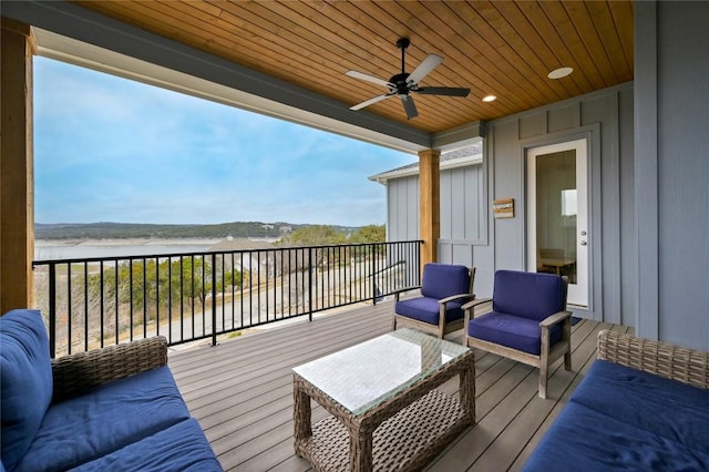 233 Lakefront Dr, Lago Vista, TX 78645 - wooden terrace featuring a ceiling fan and a water view