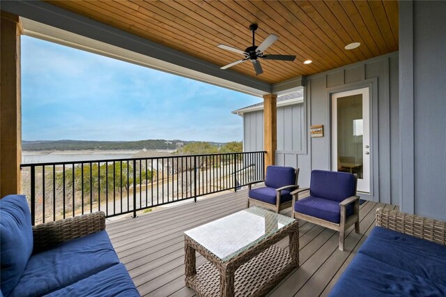 233 Lakefront Dr, Lago Vista, TX 78645 - wooden deck with a ceiling fan and a water view