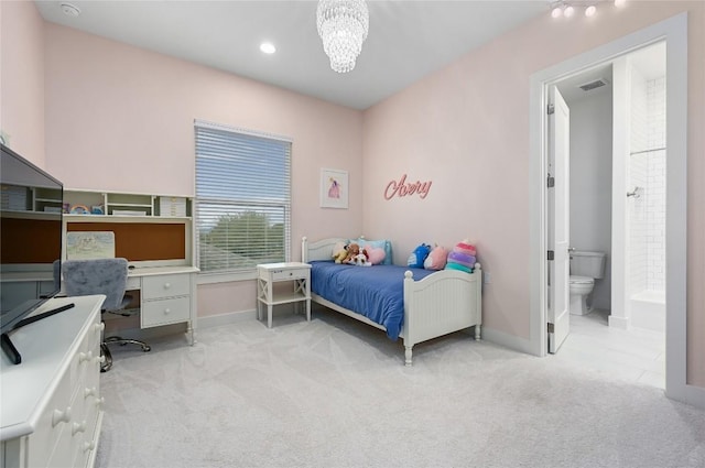 bedroom with a chandelier, connected bathroom, light colored carpet, visible vents, and baseboards