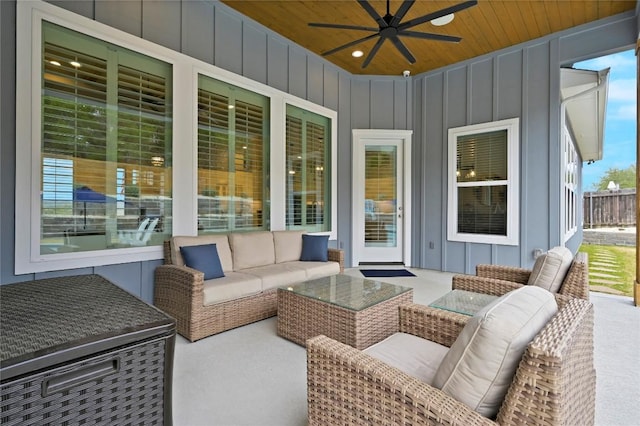 view of patio / terrace with an outdoor living space and a ceiling fan