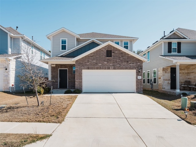 view of front of property with brick siding, driveway, an attached garage, and roof with shingles