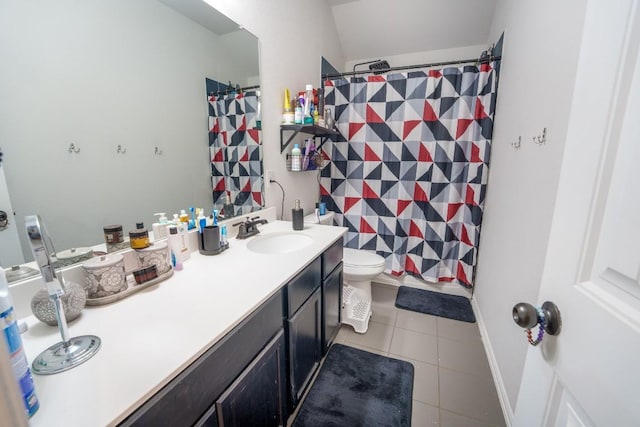 5864 Bianca Dr, Round Rock, TX 78665 - full bath featuring tile patterned floors, vanity, toilet, curtained shower, and baseboards