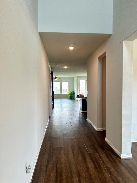 5864 Bianca Dr, Round Rock, TX 78665 - hallway featuring dark wood-style floors and recessed lighting