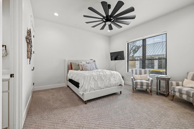 carpeted bedroom featuring recessed lighting, a ceiling fan, and baseboards