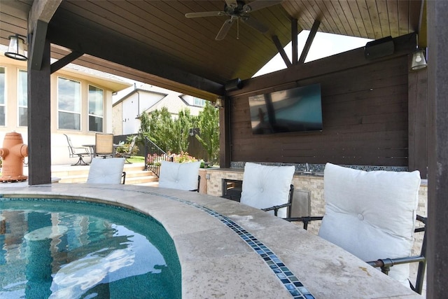 2617 Long Lasso Pass, Leander, TX 78641 - swimming pool with a ceiling fan, outdoor dining space, and a patio