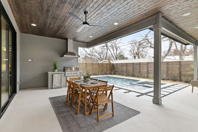 view of patio with exterior kitchen, a fenced in pool, a fenced backyard, and grilling area