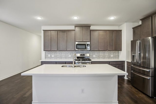 1011 Moose Rd, Hutto, TX 78634 - kitchen with stainless steel appliances, a sink, dark wood-style flooring, decorative backsplash, and recessed lighting