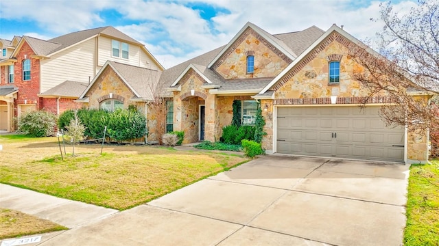 view of front facade with a garage, a shingled roof, stone siding, driveway, and a front yard