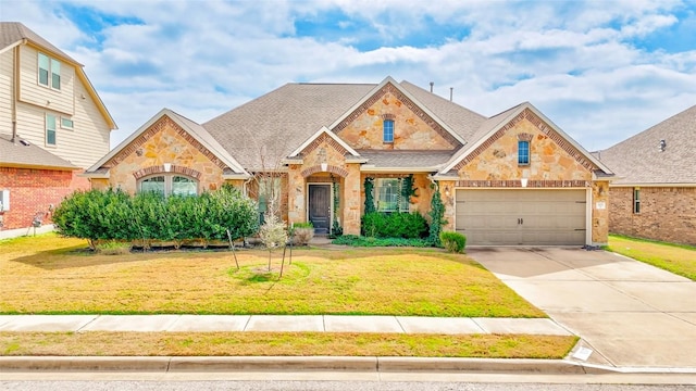 view of front of house featuring stone siding, a shingled roof, a front lawn, and concrete driveway