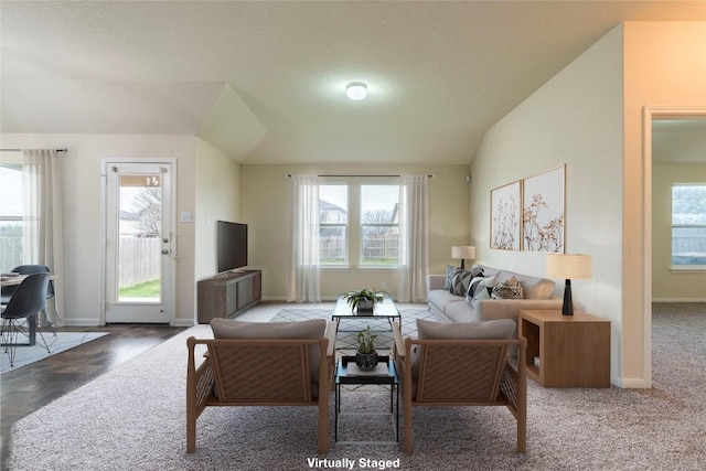 214 Teron Dr, San Marcos, TX 78666 - living room featuring plenty of natural light, carpet flooring, baseboards, and vaulted ceiling