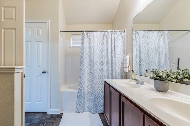 214 Teron Dr, San Marcos, TX 78666 - full bathroom with shower / tub combo, double vanity, and a sink