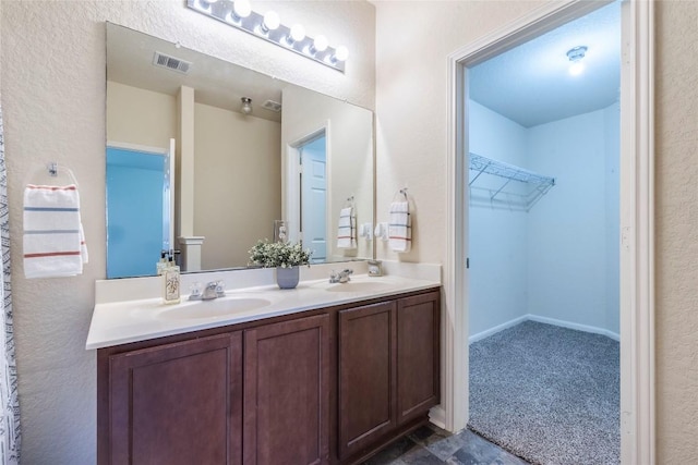 214 Teron Dr, San Marcos, TX 78666 - bathroom with double vanity, a sink, a spacious closet, and visible vents