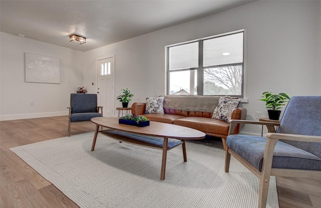 living room featuring baseboards, a textured ceiling, and light wood finished floors