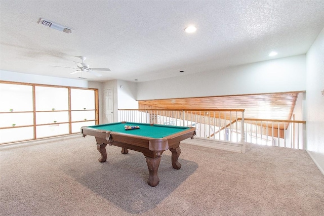 playroom with a textured ceiling, carpet floors, billiards, and visible vents