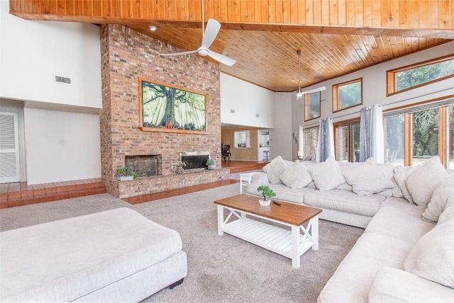 1414 Eagle Trl, Copperas Cove, TX 76522 - carpeted living area featuring high vaulted ceiling, wood ceiling, a brick fireplace, and a ceiling fan