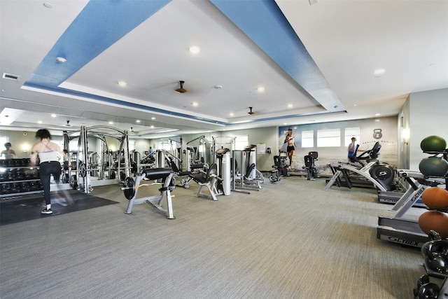 1900 Barton Springs Rd Unit 4040, Austin, TX 78704 - exercise room with a tray ceiling, carpet floors, and recessed lighting