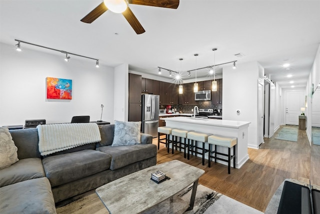 living room with a ceiling fan and wood finished floors