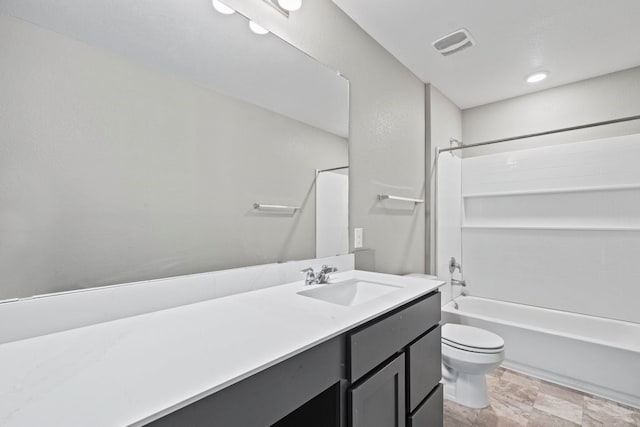 full bath featuring visible vents, toilet, vanity, and shower / tub combination