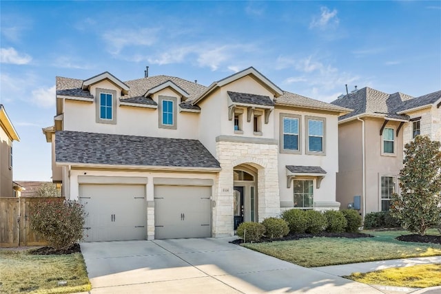 french provincial home with stone siding, roof with shingles, driveway, and stucco siding