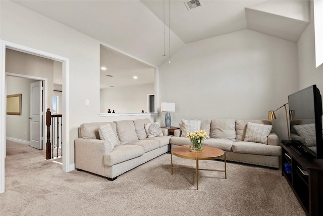 living area featuring light carpet, baseboards, visible vents, vaulted ceiling, and recessed lighting