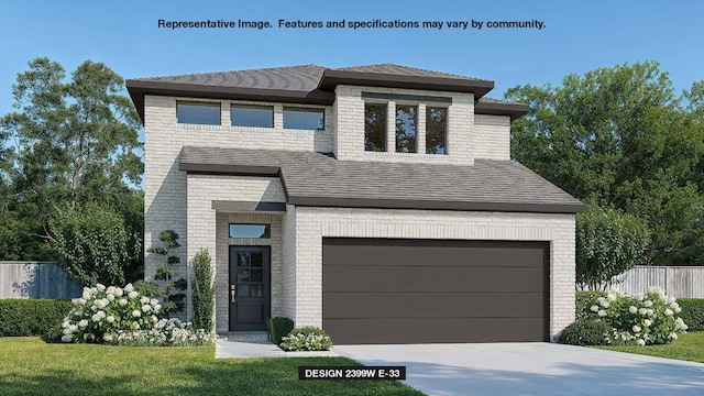 view of front of property with driveway, brick siding, an attached garage, and fence