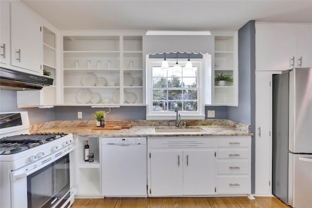 kitchen with open shelves, white appliances, a sink, and under cabinet range hood