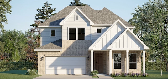 view of front facade featuring brick siding, roof with shingles, board and batten siding, a garage, and driveway