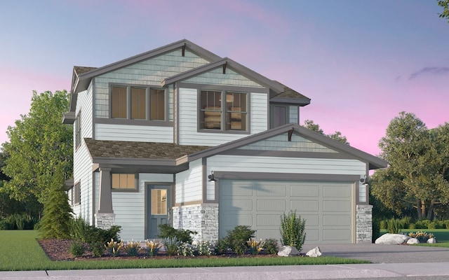 craftsman-style house with stone siding, a shingled roof, and driveway