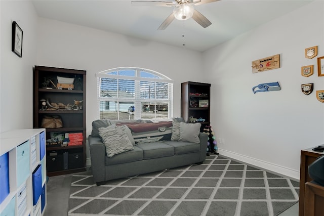 139 W Maple Dr, Marble Falls, TX 78654 - living area with a ceiling fan, baseboards, and carpet flooring