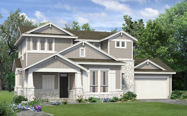 craftsman-style home featuring aphalt driveway, an attached garage, board and batten siding, stone siding, and a front lawn