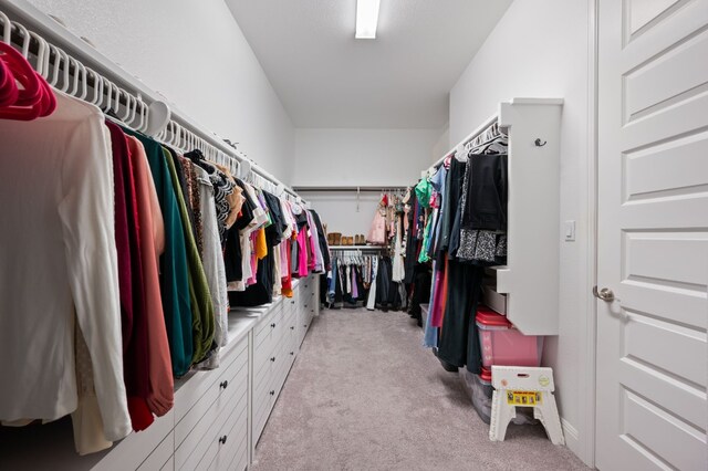 walk in closet with light carpet