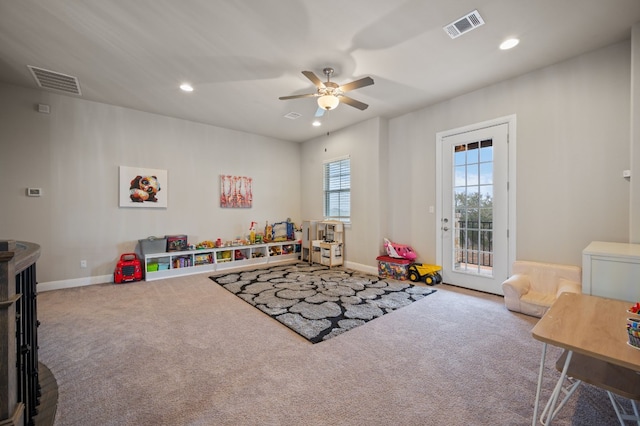 rec room featuring a ceiling fan, carpet flooring, visible vents, and recessed lighting