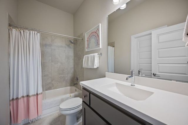 full bath featuring toilet, shower / bath combination with curtain, and vanity