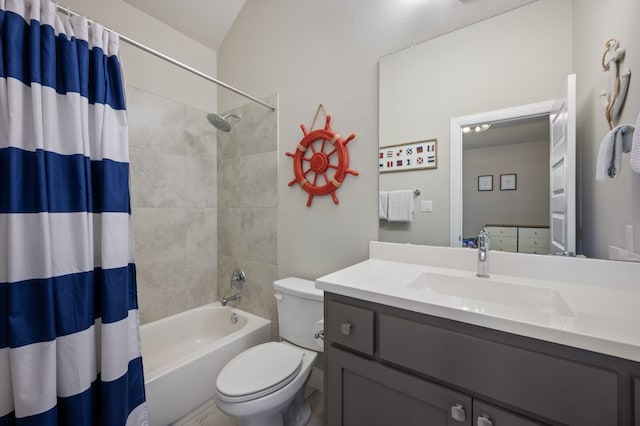 full bathroom with toilet, shower / tub combo, and vanity