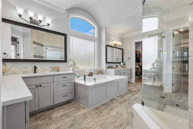 bathroom with ornamental molding, a stall shower, a sink, and a spacious closet