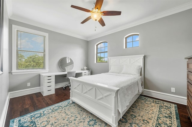 bedroom featuring dark wood-style floors, ornamental molding, baseboards, and ceiling fan