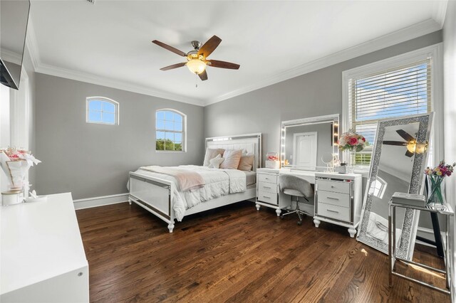 bedroom with baseboards, ornamental molding, ceiling fan, and dark wood-style flooring