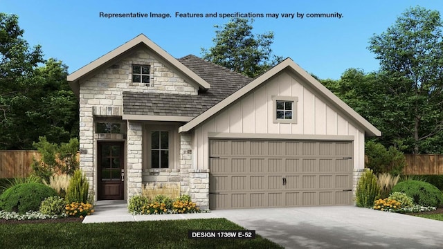 view of front of home with a garage, stone siding, driveway, and fence