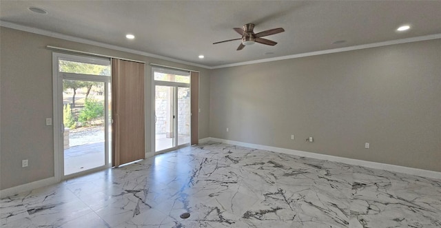 unfurnished room featuring marble finish floor, crown molding, recessed lighting, a ceiling fan, and baseboards