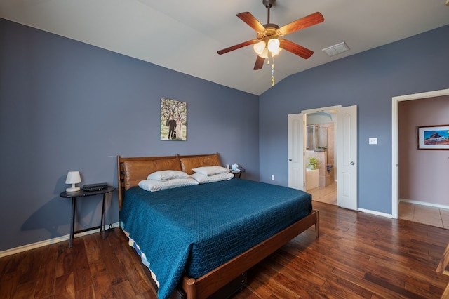 605 Hickory Run Dr, Cedar Park, TX 78613 - bedroom with lofted ceiling, wood finished floors, baseboards, a ceiling fan, and connected bathroom