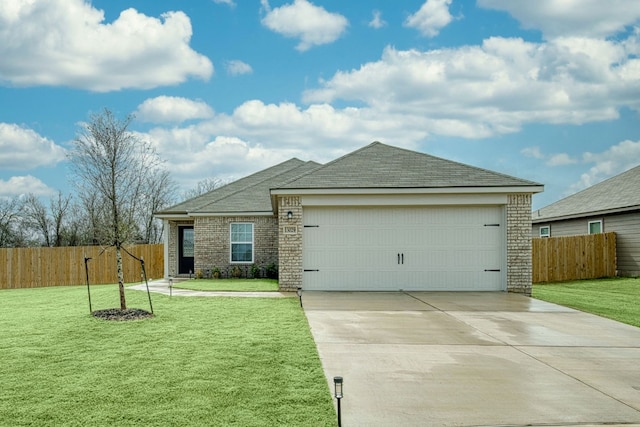 single story home featuring a garage, a front yard, concrete driveway, and fence