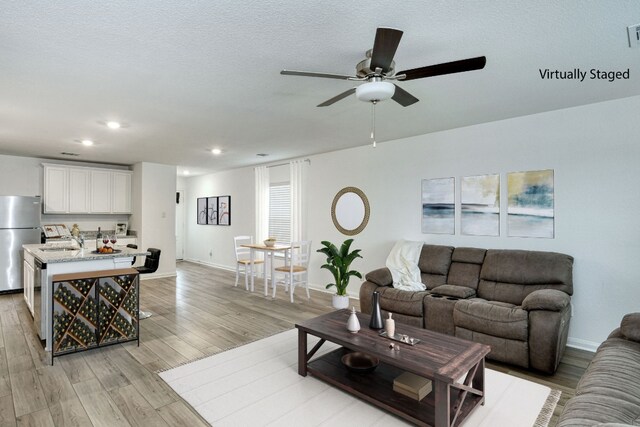 13029 Field Plow Ln, Elgin, TX 78621 - living area with ceiling fan, light wood finished floors, recessed lighting, and baseboards