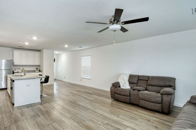 13029 Field Plow Ln, Elgin, TX 78621 - living room with a ceiling fan, light wood-style floors, baseboards, recessed lighting, and a textured ceiling